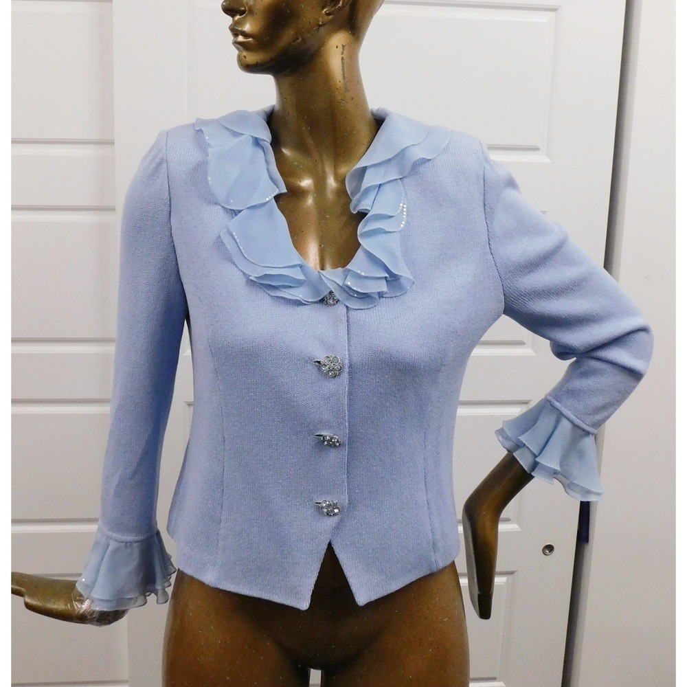 St John Evening Pale Blue Santana Knit Jeweled Buttons sz 10